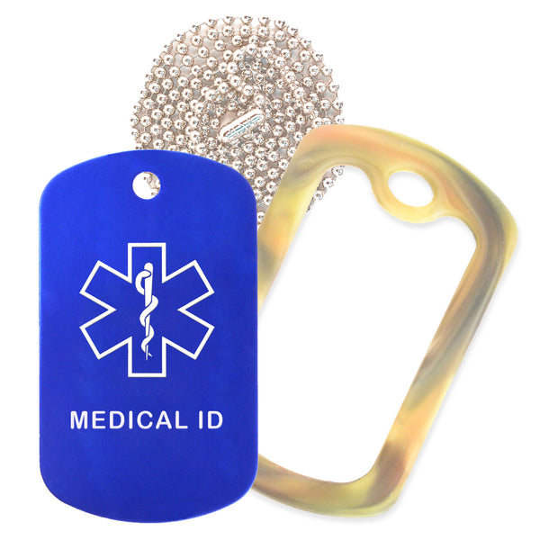 Blue Medical ID  Necklace with Forest Camo Rubber Silencer and 30'' Ball Chain