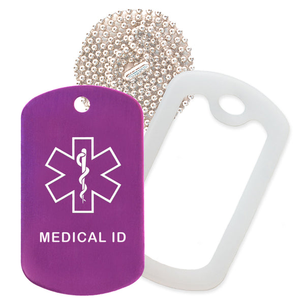 Purple Medical ID  Necklace with Clear Rubber Silencer and 30'' Ball Chain