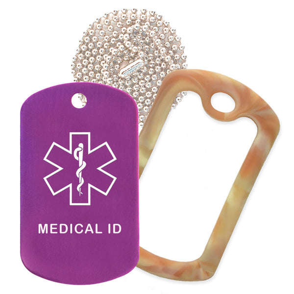Purple Medical ID  Necklace with Desert Camo Rubber Silencer and 30'' Ball Chain