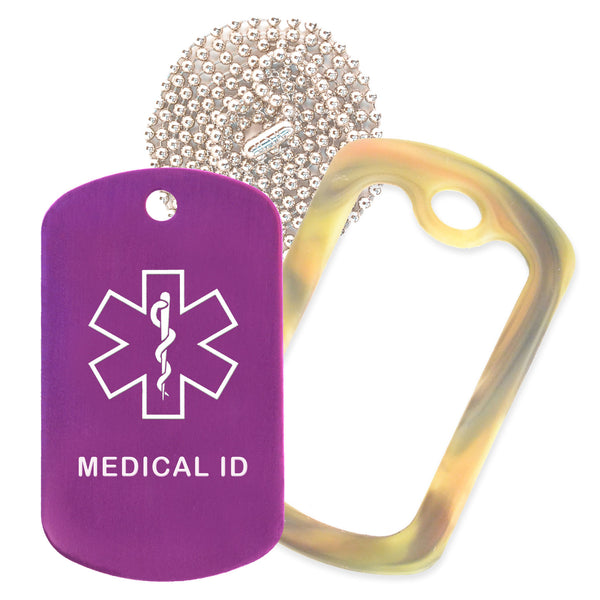 Purple Medical ID  Necklace with Forest Camo Rubber Silencer and 30'' Ball Chain