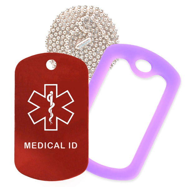 Red Medical ID  Necklace with Purple Rubber Silencer and 30'' Ball Chain