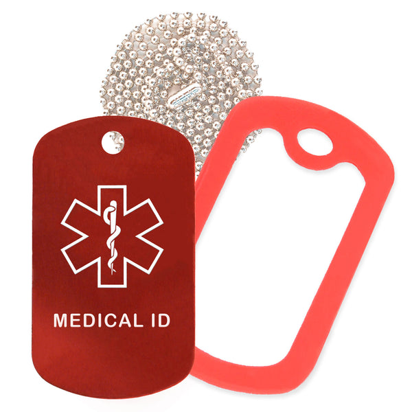 Red Medical ID  Necklace with Red Rubber Silencer and 30'' Ball Chain