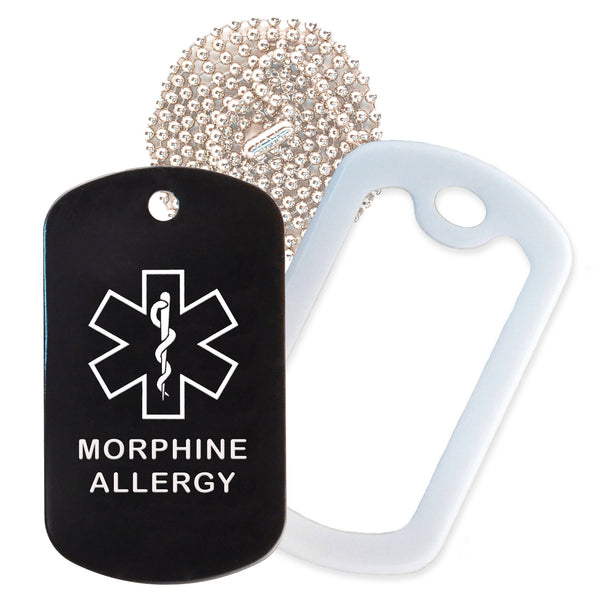 Black Medical ID Morphine Allergy Necklace with White Rubber Silencer and 30'' Ball Chain