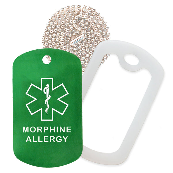 Green Medical ID Morphine Allergy Necklace with Clear Rubber Silencer and 30'' Ball Chain
