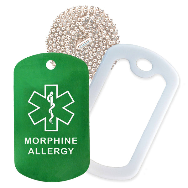 Green Medical ID Morphine Allergy Necklace with White Rubber Silencer and 30'' Ball Chain