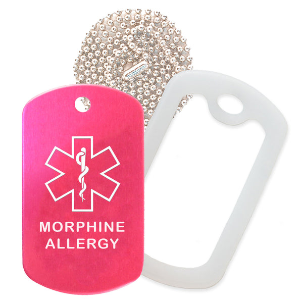 Hot Pink Medical ID Morphine Allergy Necklace with Clear Rubber Silencer and 30'' Ball Chain