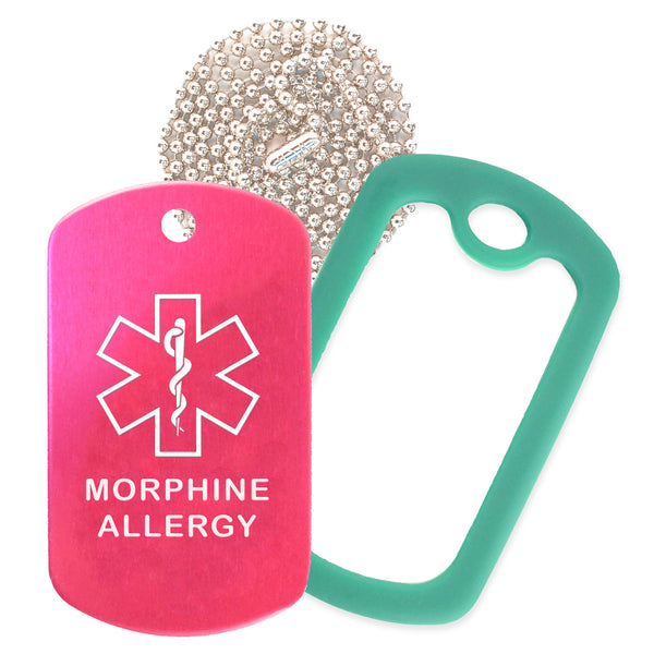 Hot Pink Medical ID Morphine Allergy Necklace with Green Rubber Silencer and 30'' Ball Chain