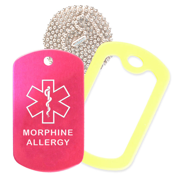 Hot Pink Medical ID Morphine Allergy Necklace with Yellow Rubber Silencer and 30'' Ball Chain