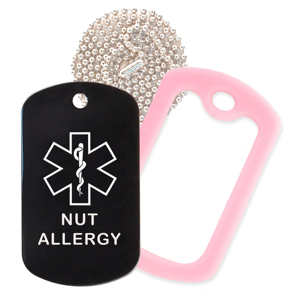 Black Medical ID Nut Allergy Necklace with Pink Rubber Silencer and 30'' Ball Chain