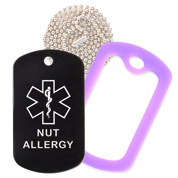 Black Medical ID Nut Allergy Necklace with Purple Rubber Silencer and 30'' Ball Chain