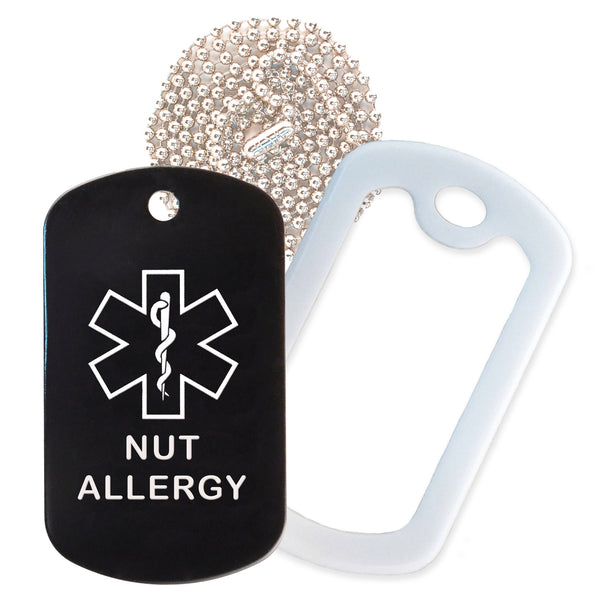 Black Medical ID Nut Allergy Necklace with White Rubber Silencer and 30'' Ball Chain