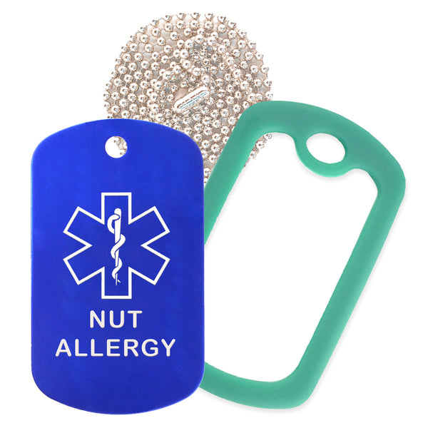 Blue Medical ID Nut Allergy Necklace with Green Rubber Silencer and 30'' Ball Chain
