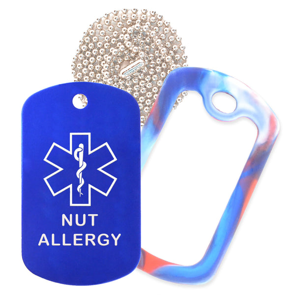 Blue Medical ID Nut Allergy Necklace with Red White and Blue Rubber Silencer and 30'' Ball Chain