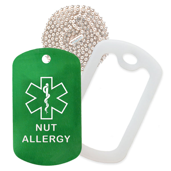 Green Medical ID Nut Allergy Necklace with Clear Rubber Silencer and 30'' Ball Chain