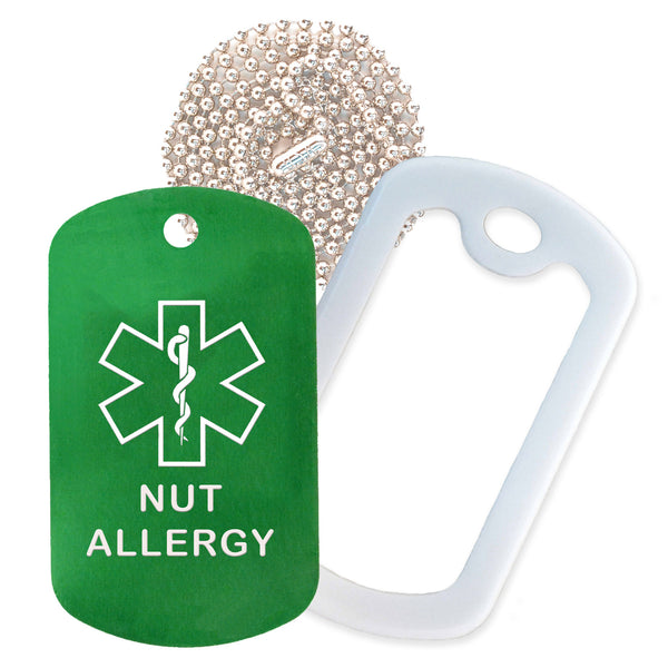 Green Medical ID Nut Allergy Necklace with White Rubber Silencer and 30'' Ball Chain