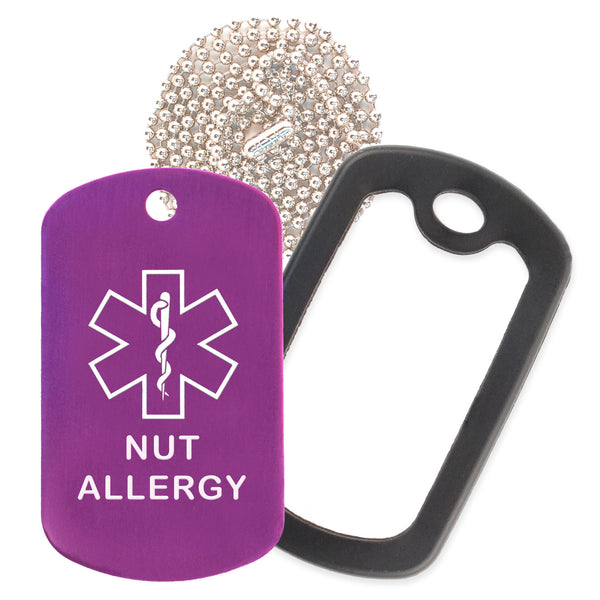 Purple Medical ID Nut Allergy Necklace with Black Rubber Silencer and 30'' Ball Chain