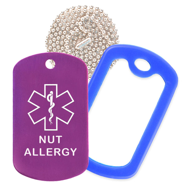Purple Medical ID Nut Allergy Necklace with Blue Rubber Silencer and 30'' Ball Chain