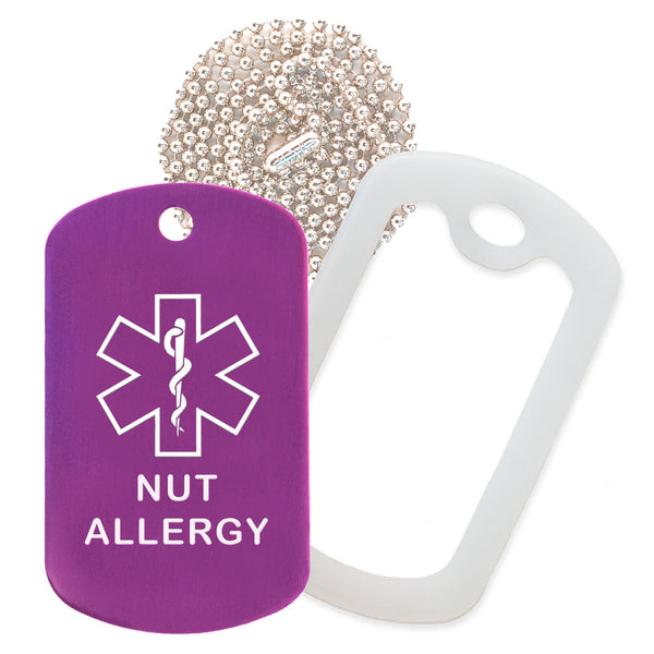 Purple Medical ID Nut Allergy Necklace with Clear Rubber Silencer and 30'' Ball Chain