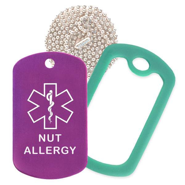 Purple Medical ID Nut Allergy Necklace with Green Rubber Silencer and 30'' Ball Chain