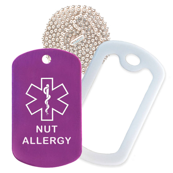 Purple Medical ID Nut Allergy Necklace with White Rubber Silencer and 30'' Ball Chain