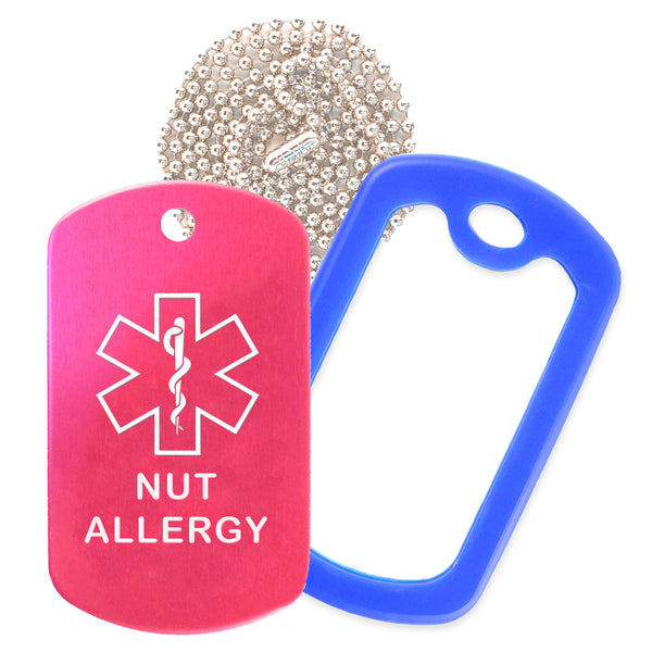 Hot Pink Medical ID Nut Allergy Necklace with Blue Rubber Silencer and 30'' Ball Chain