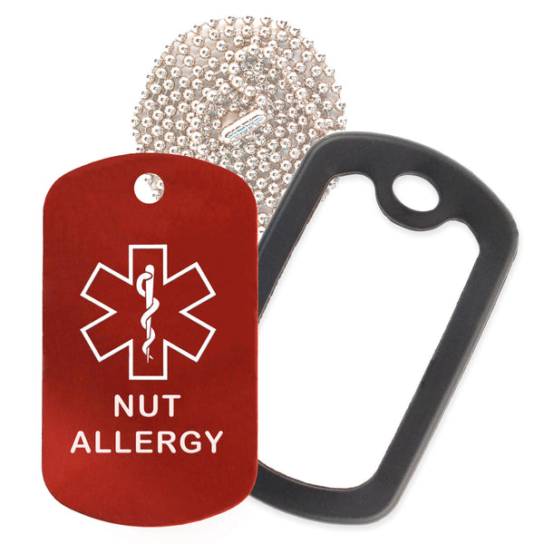 Red Medical ID Nut Allergy Necklace with Black Rubber Silencer and 30'' Ball Chain