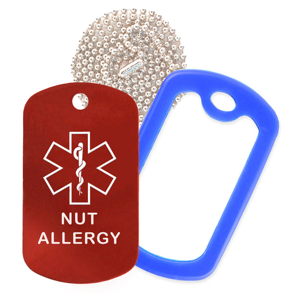 Red Medical ID Nut Allergy Necklace with Blue Rubber Silencer and 30'' Ball Chain