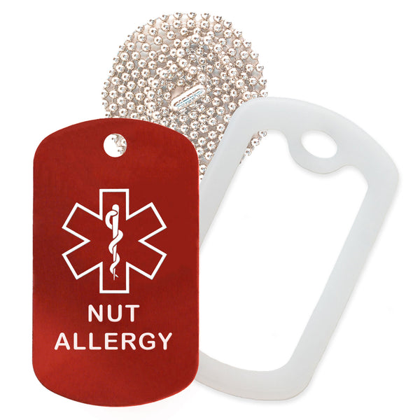 Red Medical ID Nut Allergy Necklace with Clear Rubber Silencer and 30'' Ball Chain