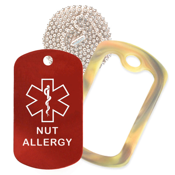 Red Medical ID Nut Allergy Necklace with Forest Camo Rubber Silencer and 30'' Ball Chain