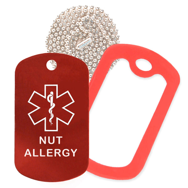 Red Medical ID Nut Allergy Necklace with Red Rubber Silencer and 30'' Ball Chain