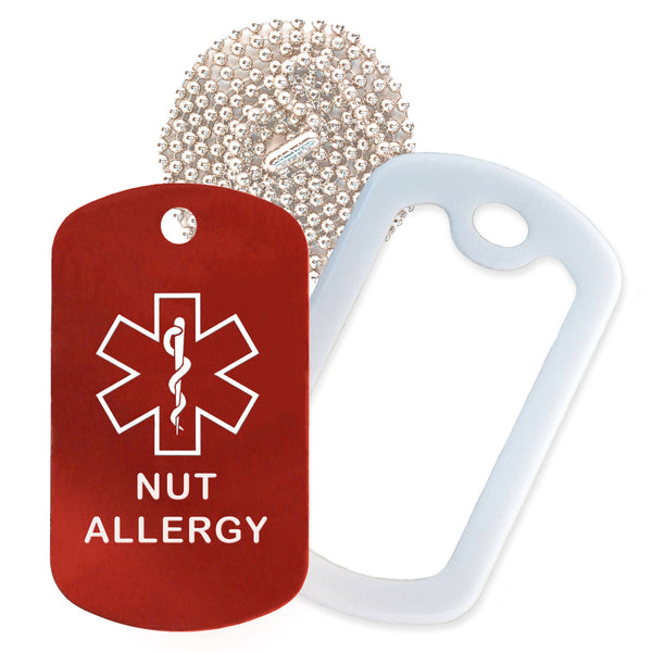 Red Medical ID Nut Allergy Necklace with White Rubber Silencer and 30'' Ball Chain