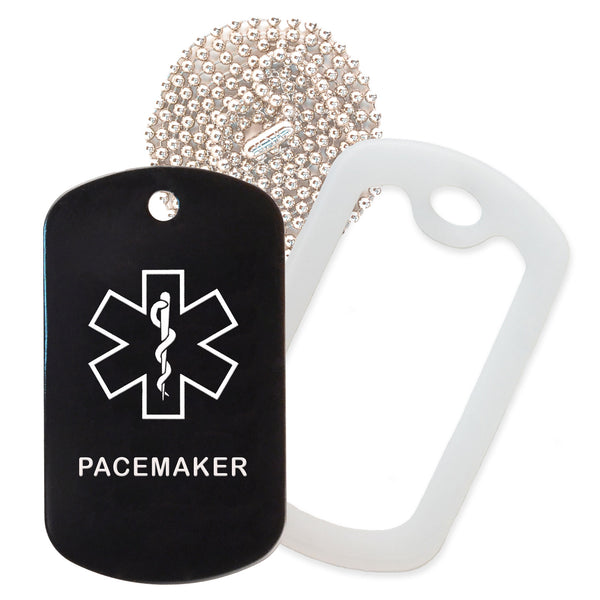 Black Medical ID Pacemaker Necklace with Clear Rubber Silencer and 30'' Ball Chain