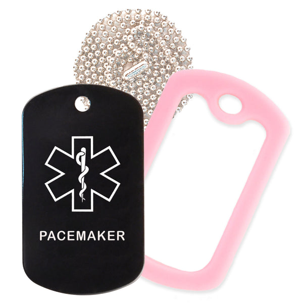 Black Medical ID Pacemaker Necklace with Pink Rubber Silencer and 30'' Ball Chain