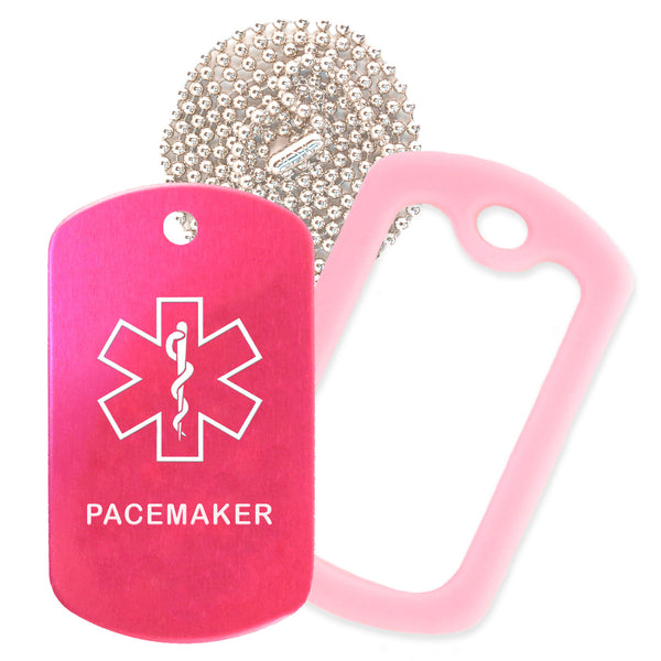 Hot Pink Medical ID Pacemaker Necklace with Pink Rubber Silencer and 30'' Ball Chain