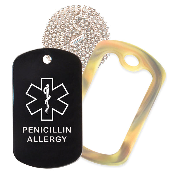Black Medical ID Penicillin Allergy Necklace with Forest Camo Rubber Silencer and 30'' Ball Chain