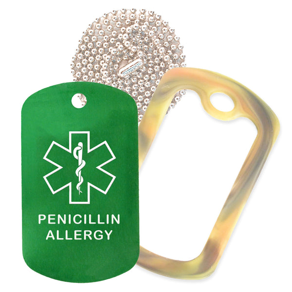 Green Medical ID Penicillin Allergy Necklace with Forest Camo Rubber Silencer and 30'' Ball Chain