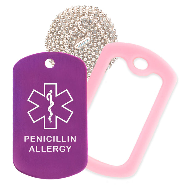 Purple Medical ID Penicillin Allergy Necklace with Pink Rubber Silencer and 30'' Ball Chain