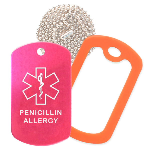 Hot Pink Medical ID Penicillin Allergy Necklace with Orange Rubber Silencer and 30'' Ball Chain