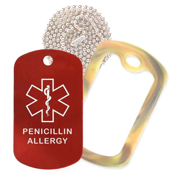 Red Medical ID Penicillin Allergy Necklace with Forest Camo Rubber Silencer and 30'' Ball Chain
