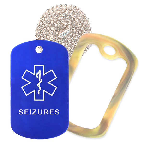 Blue Medical ID Seizure Necklace with Forest Camo Rubber Silencer and 30'' Ball Chain