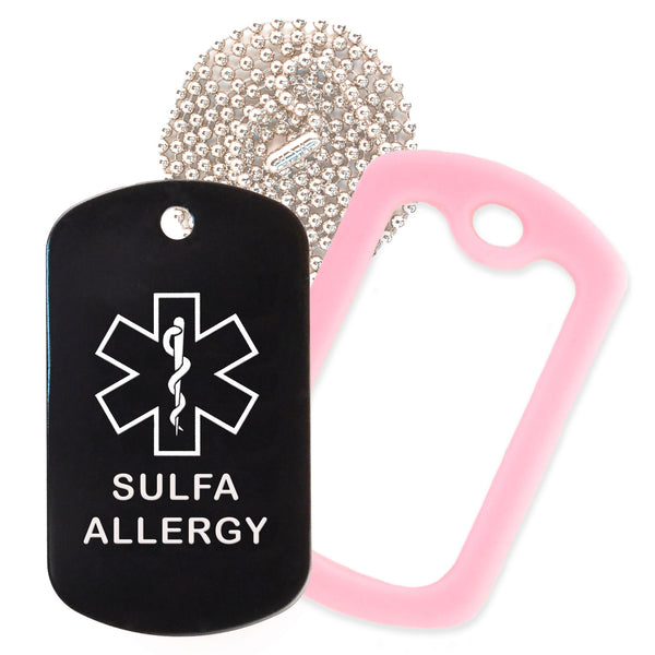 Black Sulfa Allergy Medical ID Necklace with Pink Rubber Silencer and 30'' Ball Chain