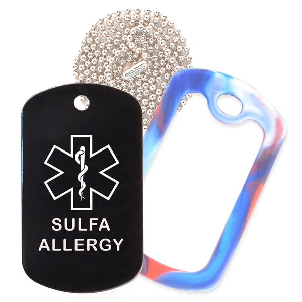 Black Sulfa Allergy Medical ID Necklace with Red White and Blue Rubber Silencer and 30'' Ball Chain