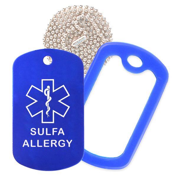 Blue Sulfa Allergy Medical ID Necklace with Blue Rubber Silencer and 30'' Ball Chain