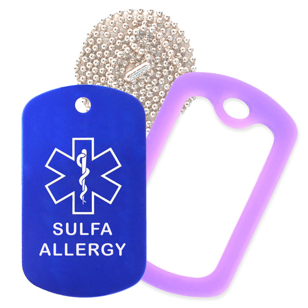 Blue Sulfa Allergy Medical ID Necklace with Purple Rubber Silencer and 30'' Ball Chain
