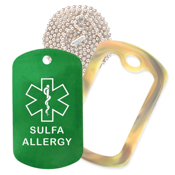 Green Sulfa Allergy Medical ID Necklace with Forest Camo Rubber Silencer and 30'' Ball Chain