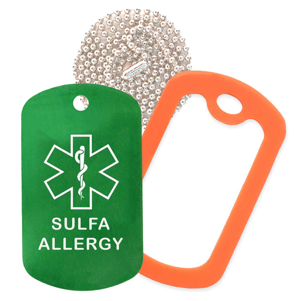 Green Sulfa Allergy Medical ID Necklace with Orange Rubber Silencer and 30'' Ball Chain