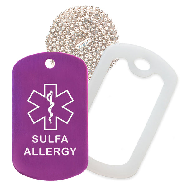 Purple Sulfa Allergy Medical ID Necklace with Clear Rubber Silencer and 30'' Ball Chain