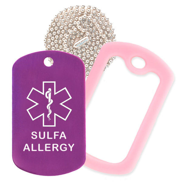 Purple Sulfa Allergy Medical ID Necklace with Pink Rubber Silencer and 30'' Ball Chain