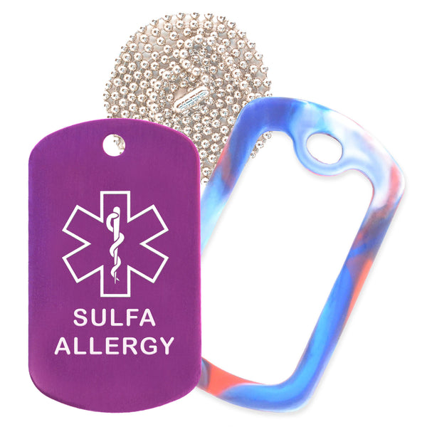 Purple Sulfa Allergy Medical ID Necklace with Red White and Blue Rubber Silencer and 30'' Ball Chain