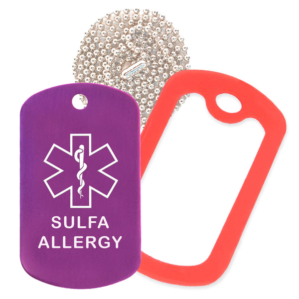 Purple Sulfa Allergy Medical ID Necklace with Red Rubber Silencer and 30'' Ball Chain